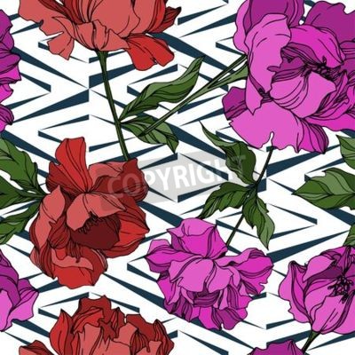 Fototapete Grafische Pfingstrosen auf gemustertem Hintergrund