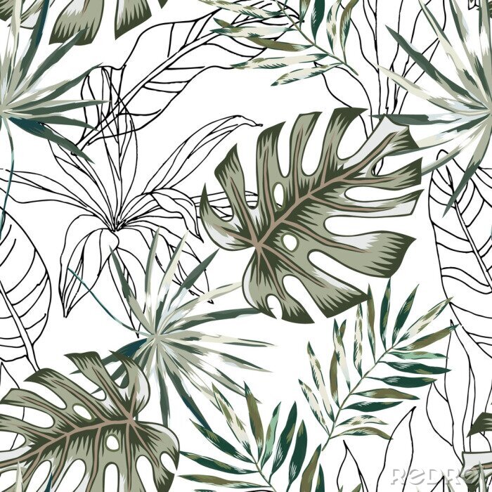Fototapete Grafische schwarz-weiße und grüne tropische Blätter