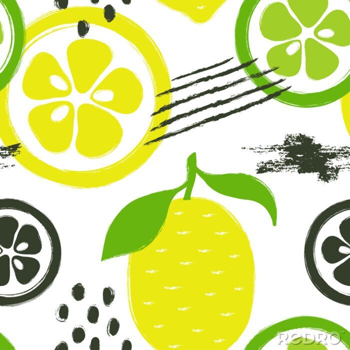Fototapete Grafische Zitronen und Limetten auf weißem Hintergrund