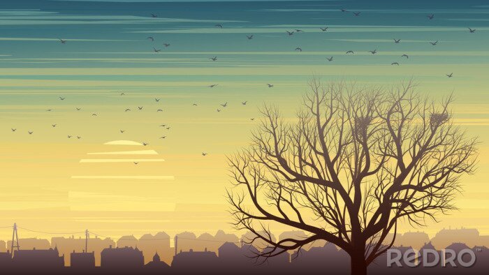 Fototapete Grafischer Baum vor dem Hintergrund des Sonnenuntergangs