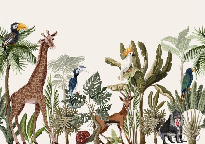 Fototapete Grafischer Dschungel mit Tieren