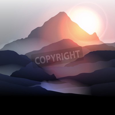 Fototapete Grafischer Sonnenaufgang hinter den Bergen