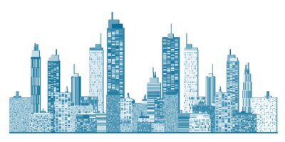 Fototapete Grafisches blaues Panorama von Gebäuden