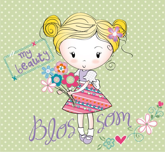 Fototapete Grafisches kleines Mädchen mit Blumenstrauß