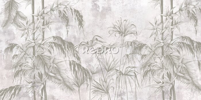 Fototapete Graphic exotic flowers on the concrete grunge wall. Designed for photo wallpaper, wallpaper, mural design in the loft, classic, modern style. Tropical brunches. 