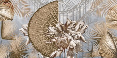 Fototapete Graphic illustration of a greenhouse. Floral wallpaper with exotic jungle leaves and water lilies.  Abstract botanical design for photo wallpaper, wallpaper, mural, card.