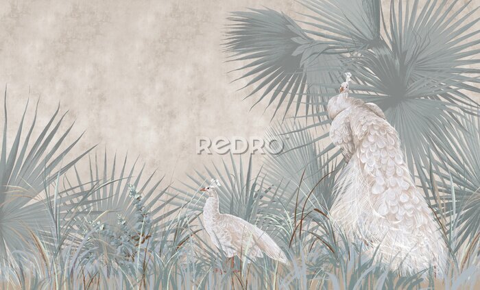 Fototapete Graphic illustration of a peacocks and leaves. Design for interior project, wallpaper, photo wallpaper, mural, poster, home decor, card, packaging!