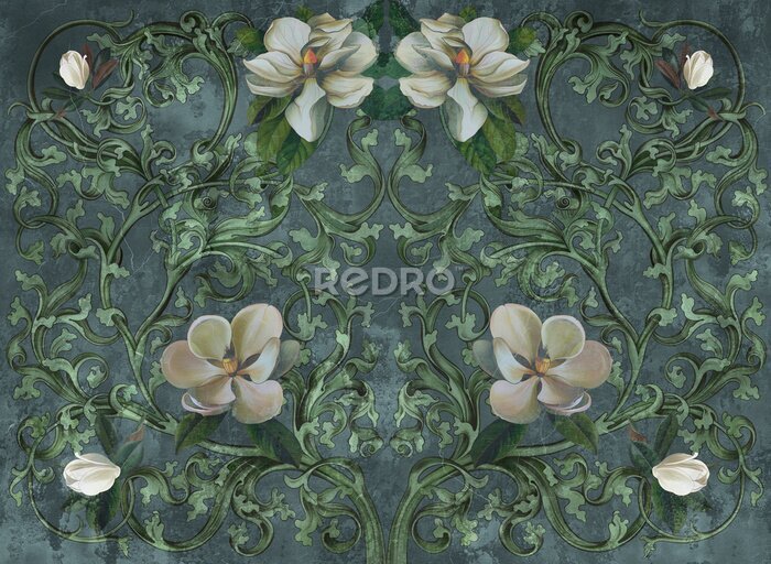 Fototapete Graphic patterns with monograms, magnolia and jasmine flowers on a dark grunge concrete wall.Design for wallpaper,photo wallpaper, mural,card, postcard.Illustration in the loft, classic, modern style.