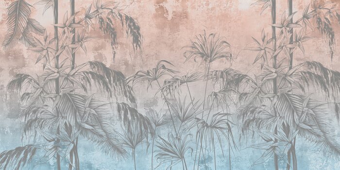 Fototapete Graphic tropical flowers painted on a colourful grunge wall. Floral background. Design for wall mural, card, postcard, wallpaper, photo wallpaper.