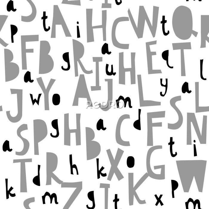 Fototapete Grau-schwarzes Muster mit Buchstaben des Alphabets auf weißem Hintergrund