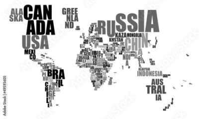 Fototapete Graue Aufschriften auf Weltkarte