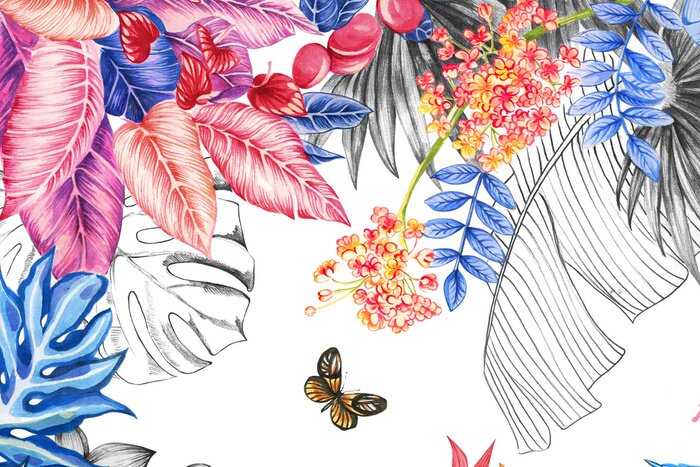 Fototapete Graue und Aquarell-Dschungelfarben