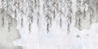 Fototapete Graue Weidenblätter auf hellem Aquarellgrund