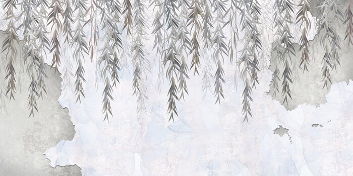 Fototapete Graue Weidenblätter auf hellem Aquarellgrund