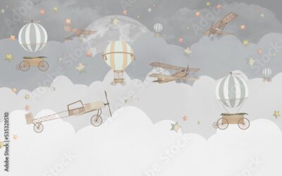 Fototapete Graue Wolken, Ballons, Autos und Flugzeuge