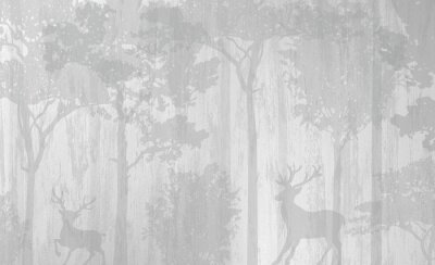Fototapete Grauer Wald mit Rehen und Bäumen
