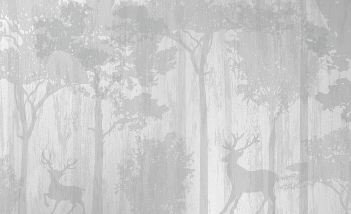 Fototapete Grauer Wald mit Rehen und Bäumen