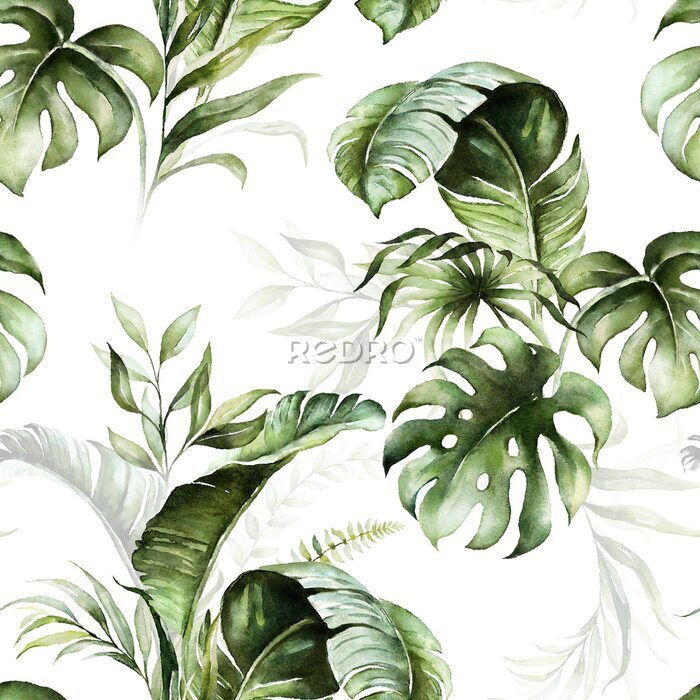 Fototapete Green tropical leaves on white background. Watercolor hand painted seamless pattern. Floral tropic illustration. Jungle foliage.