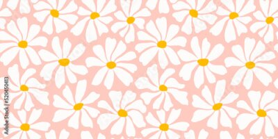 Fototapete Groovy daisy flower seamless pattern. Cute hand drawn floral background.