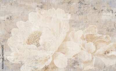 Fototapete Große Pfingstrosenblumen an einer Betonwand