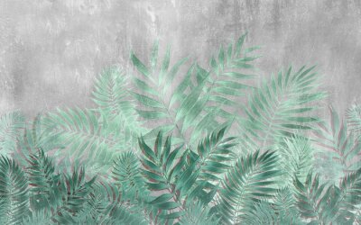 Fototapete Große tropische Blätter botanisches Muster auf Beton