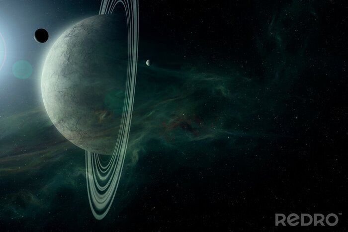 Fototapete Große und kleine Planeten mit hellem Licht beleuchtet