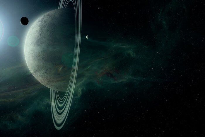 Fototapete Große und kleine Planeten mit hellem Licht beleuchtet