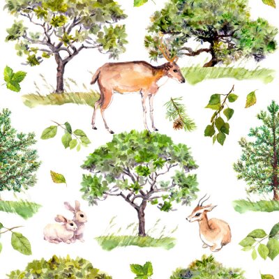 Grüne Bäume. Park, Waldmuster mit Waldtieren - Hirsch, Kaninchen, Antilopen. Nahtloser wiederholter Hintergrund. Aquarell