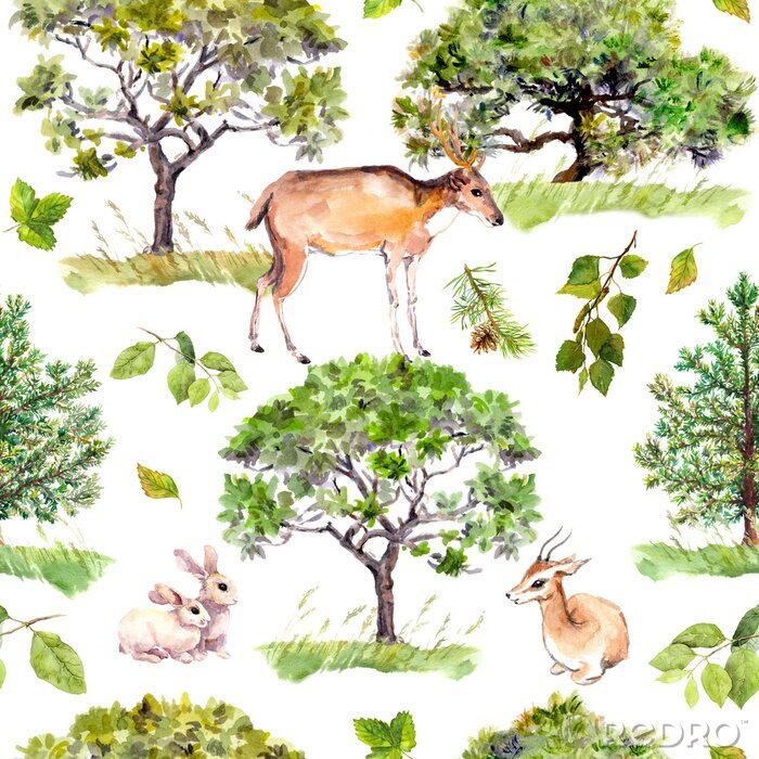 Fototapete Grüne Bäume. Park, Waldmuster mit Waldtieren - Hirsch, Kaninchen, Antilopen. Nahtloser wiederholter Hintergrund. Aquarell
