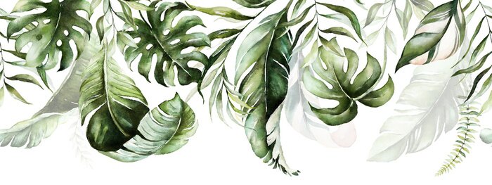 Fototapete Grüne Blätter mit Aquarellgirlande bemalt