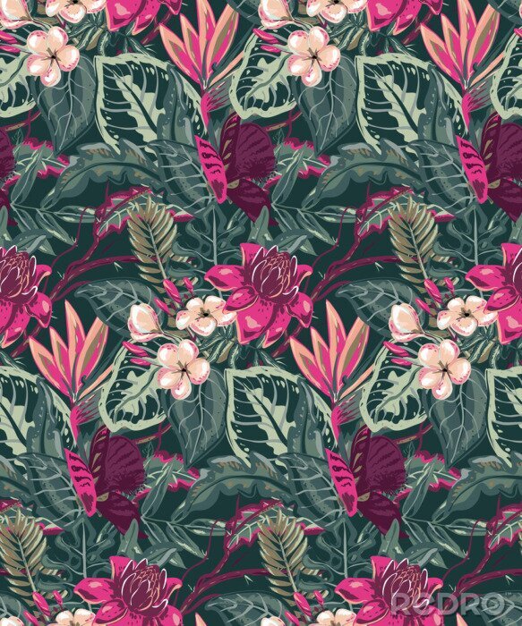 Fototapete Grüne Blätter und rosa tropische Blumen