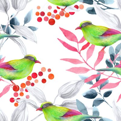 Fototapete Grüne Vögel gegen vor einem Hintergrund roter Blätter