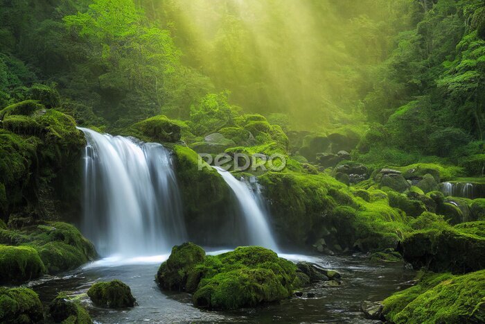 Fototapete Grüne Wasserfallkaskaden am Morgen