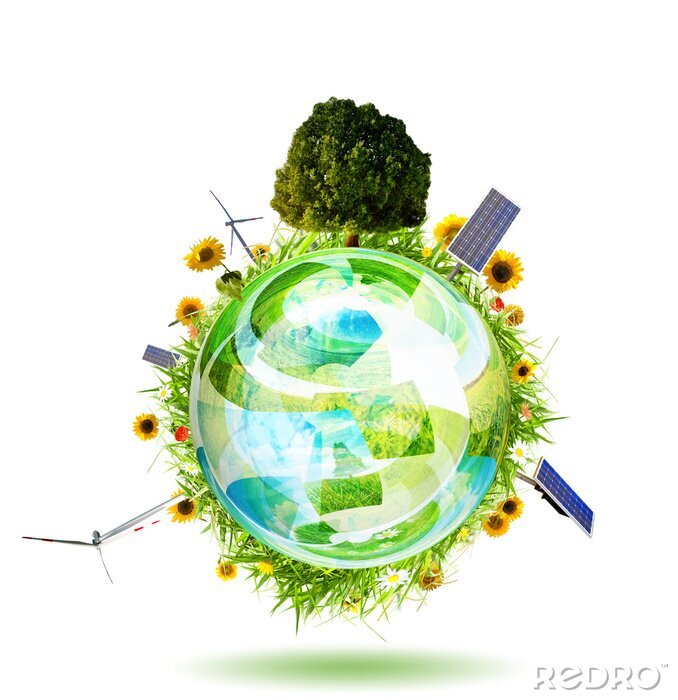 Fototapete Grüne Welt Konzept mit aerogenerator, Solarpanel und Turbine