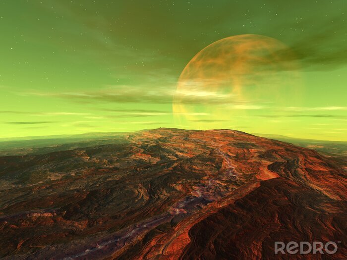 Fototapete Grüner Himmel über einem Planeten