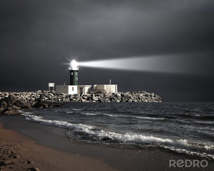 Fototapete Grüner Leuchtturm in der Nacht