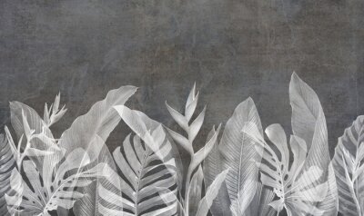 Fototapete Grunge wallpaper with leafs and plants on concrete background. Design for wallpaper, photo wallpaper, fresco, mural and other.