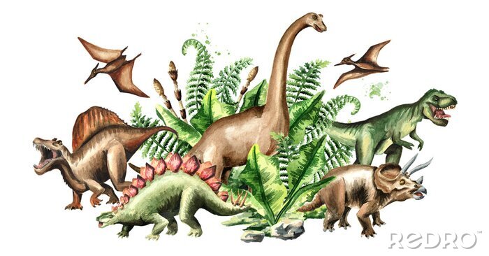 Fototapete Gruppe von Dinosauriern mit Aquarell-Pflanzen