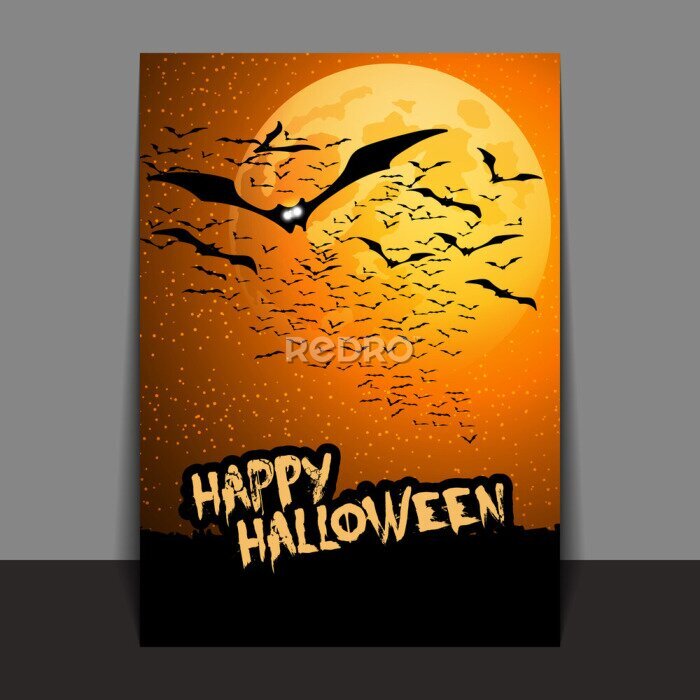 Fototapete Halloween Flyer oder Cover-Design mit vielen fliegenden Fledermäuse über die Nacht Feld in der Dunkelheit unter dem Sternenhimmel und gelben Mond - Vektor-Illustration
