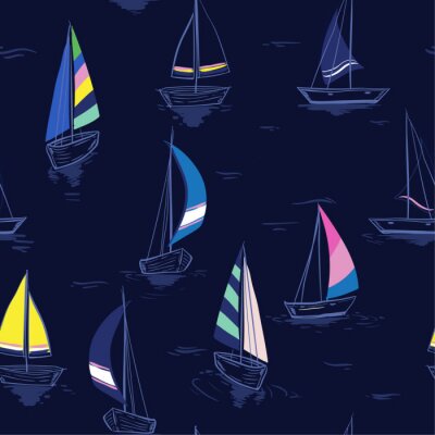Hand drawing sketch Seamless summer sea pattern with sailing ships on navy blue background.