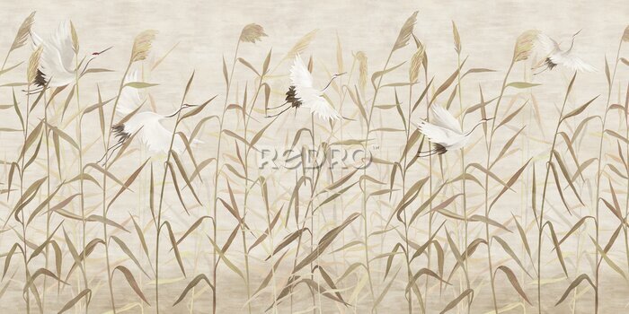 Fototapete Hand-drawn reeds with flying storks. For interior printing.