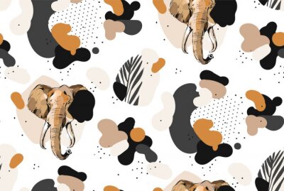 Fototapete Hand drawn vector abstract creative graphic artistic illustrations seamless collage pattern with sketch elephant drawing and tropical palm leaves in tribal mottif isolated on white background