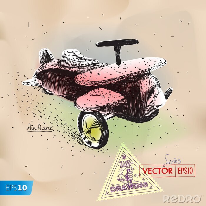 Fototapete Hand-Zeichnung Spielzeug Vintage Flugzeug eps10 Vektor-Bild
