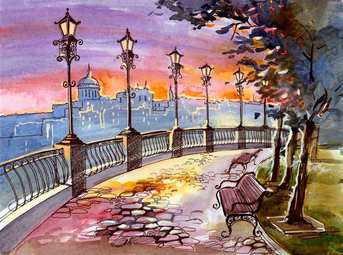 Fototapete Handgemalte Allee mit Laternen