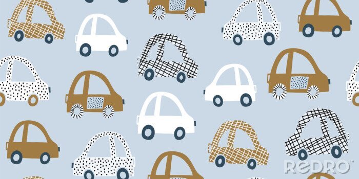 Fototapete Handgezeichnetes nahtloses Muster der Kinder mit bunten Autos