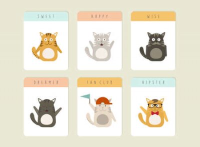 Fototapete Happy cats illustration icon set. Fashion and cute pet ideal for greeting card and poster design. EPS10 vector file.