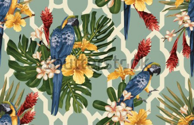 Fototapete Hawaiianische Blumen und Papageien