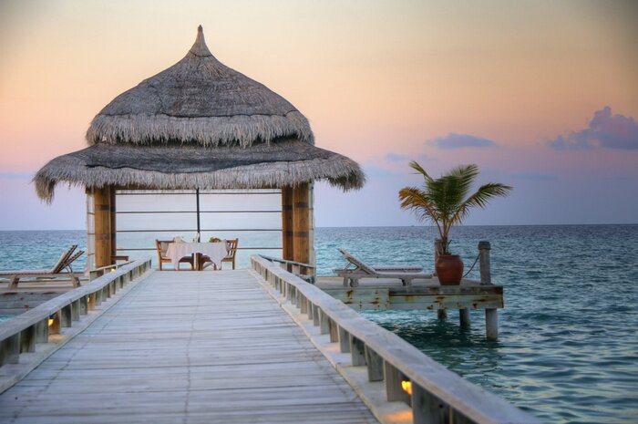 Fototapete Heller Steg mit Palmenblättern