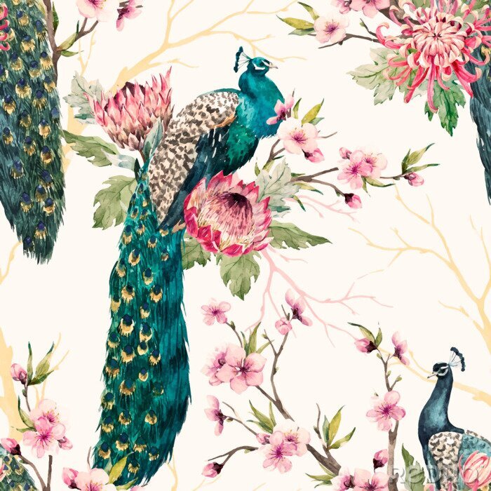 Fototapete Helles Motiv mit Pfauenvögeln und rosa Blüten