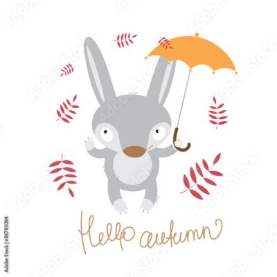 Fototapete Herbst-Karte mit niedlichen Cartoon-Hasen, Sonnenschirm und Blätter im Herbst.